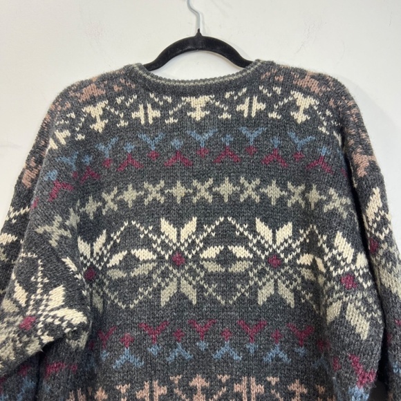 Vintage 100% wool grey fair isle knit pullover crew neck ski sweater L - Picture 8 of 12